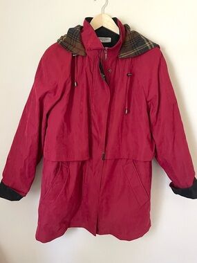 Liz Claiborne - Burgundy With Plaid Lined Hooded Utility Rain Jacket – Size L